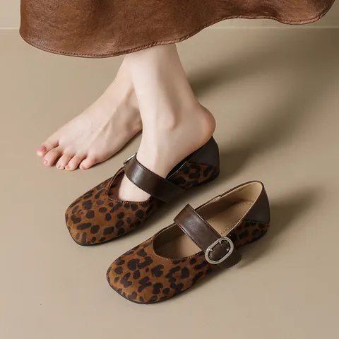Vintage Leopard Print Mary Jane Flats For Women Suede Round Toe Buckle Strap Casual Ballet Shoes Apricot Coffee Black