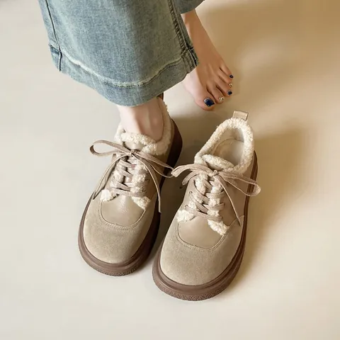Women's Retro Thick Heel Winter Warm Cotton Shoes Faux Suede Plush Lining Lace Up Platform Casual Shoes For Cold Weather