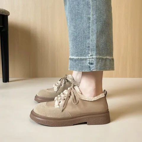 Women's Retro Thick Heel Winter Warm Cotton Shoes Faux Suede Plush Lining Lace Up Platform Casual Shoes For Cold Weather