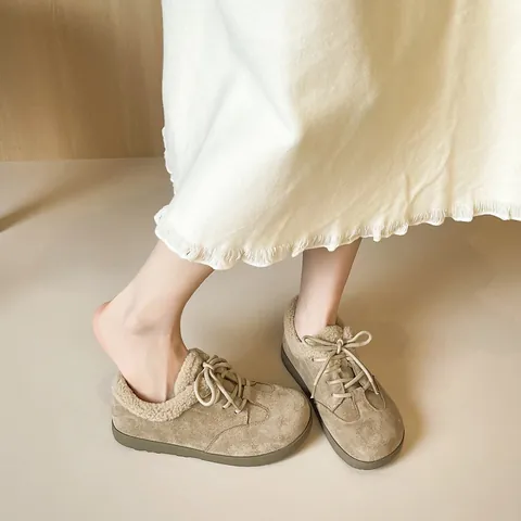 Women Retro Thickened Warm Snow Boots Faux Suede Frosted Leather Lace Up Platform Casual Cotton Shoes Faux Lamb Wool Lining Winter Footwear