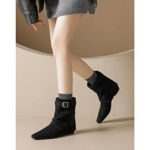 Women Suede Ankle Boots With Belt Buckle Pointed Toe Hidden Wedge Low Heel Non-Slip Rubber Sole Elegant Casual Boots