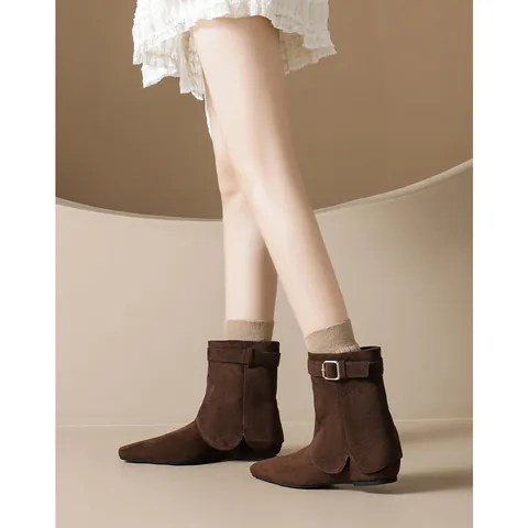 Women Suede Ankle Boots With Belt Buckle Pointed Toe Hidden Wedge Low Heel Non-Slip Rubber Sole Elegant Casual Boots