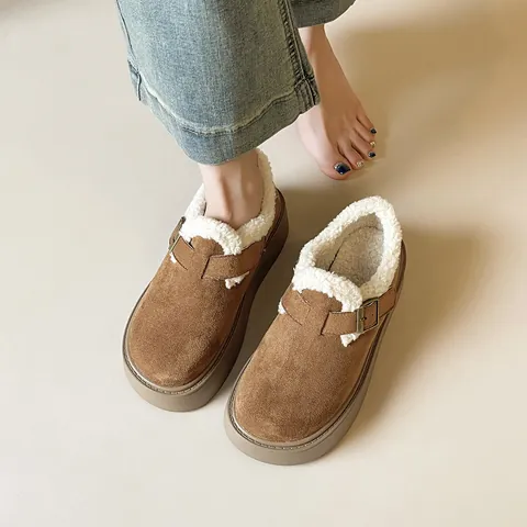 Women's Platform Birkenstock Style Snow Boots Warm Faux Fur Lined Suede Buckle Winter Slip-On Cotton Shoes