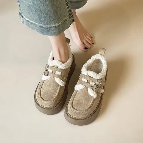 Women's Suede Platform Clogs Faux Fur Lined Warm Winter Mules With Double Belt Buckles Retro Slip-on Casual Shoes