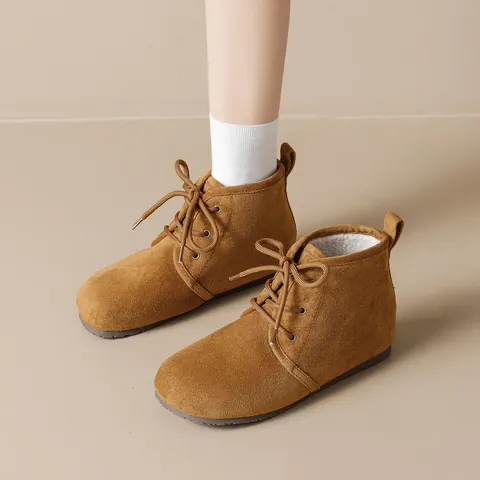 Women Casual Suede Snow Boots Warm Plush Lined Flat Lace Up Ankle Boots Solid Color Winter Outdoor Fashion Shoes