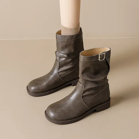 Women Retro British Style Slouchy Martin Boots Round Toe Microfiber Leather Ankle Boots With Metal Buckle Casual Fashion Shoes