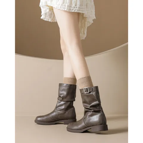 Women Retro British Style Slouchy Martin Boots Round Toe Microfiber Leather Ankle Boots With Metal Buckle Casual Fashion Shoes
