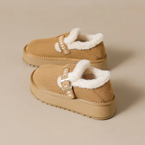 Women Thick Sole Snow Boots Warm Plush Lined Mules Suede Slip On Loafers With Buckle Casual Winter Shoes For Ladies