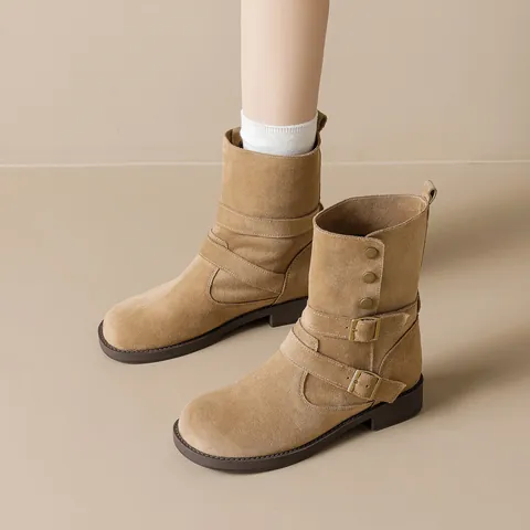 Women Retro Suede Ankle Boots With Belt Buckle Metal Rivet Thick Sole Height Increasing Fashion Martin Boots Daily Casual Shoes