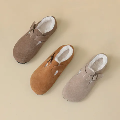 Women Genuine Leather Fur Lined Clogs Vintage Buckle Round Toe Warm Slip On Mules Winter Autumn Casual Shoes