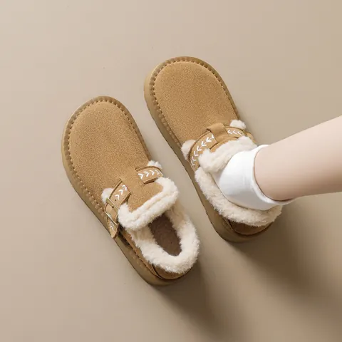 Women Thick Sole Snow Boots Warm Plush Lined Mules Suede Slip On Loafers With Buckle Casual Winter Shoes For Ladies
