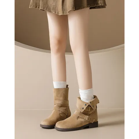 Women Retro Suede Ankle Boots With Belt Buckle Metal Rivet Thick Sole Height Increasing Fashion Martin Boots Daily Casual Shoes