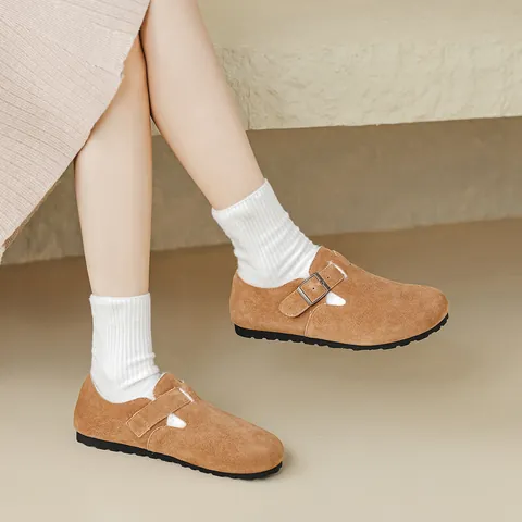 Women Genuine Leather Fur Lined Clogs Vintage Buckle Round Toe Warm Slip On Mules Winter Autumn Casual Shoes