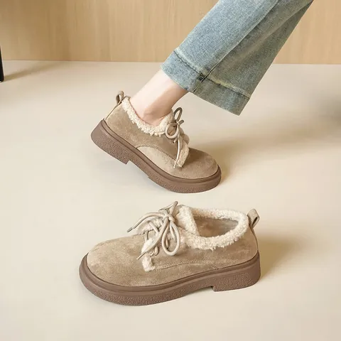 Women Retro Thick Sole Snow Boots Suede Faux Fur Lined Warm Winter Shoes Lace Up Casual Loafers Cotton Shoes