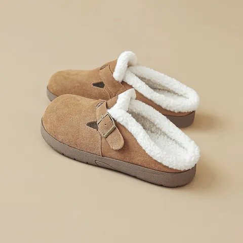Women Suede Cowhide Leather Faux Shearling Lined Boston Clogs Vintage Thick Sole Metal Buckle Mules Winter Warm Outdoor Slippers