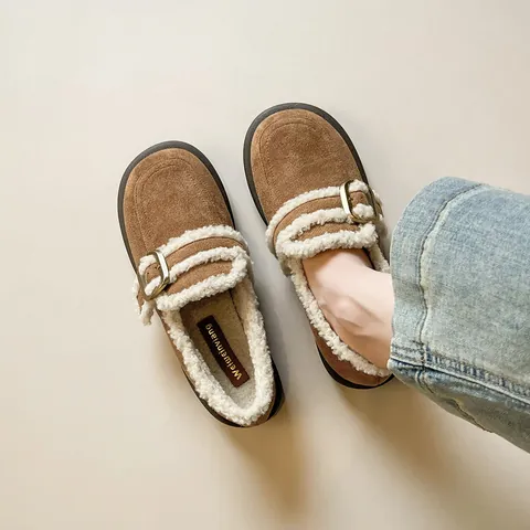 Women Vintage Suede Mules Faux Fur Lined Warm Winter Flats Casual Slip On Loafers Metal Buckle Thick Sole Comfort Shoes