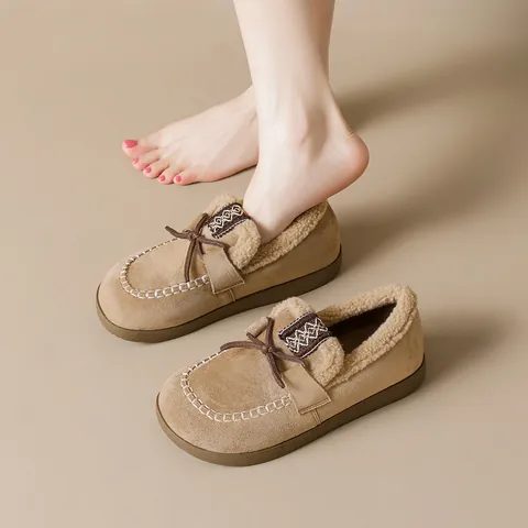 Women Winter Warm Faux Lamb Wool Suede Loafers Thick Sole Moccasins Retro Casual Slip On Cotton Shoes For Outdoor Indoor