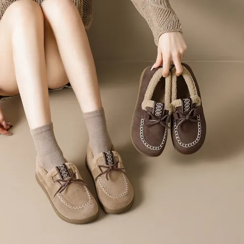 Women Winter Warm Faux Lamb Wool Suede Loafers Thick Sole Moccasins Retro Casual Slip On Cotton Shoes For Outdoor Indoor