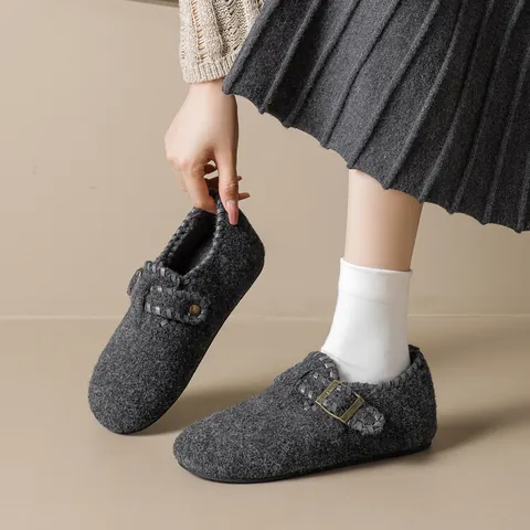Women Retro Birkenstock Style Clogs Woolen Felt Faux Fur Lined Warm Buckle Braided Edge Internal Height Increasing Shoes