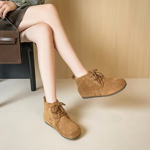 Women Casual Faux Suede Lace-up Ankle Boots With Warm Plush Lining Round Toe Flat Winter Boots For Daily Walking Outdoor