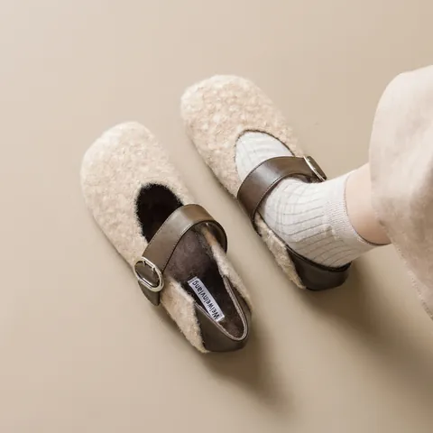 Women's Mary Jane Flat Shoes Warm Winter Faux Fur Plush Loafers With Buckle Strap Casual Soft Sole Cotton Shoes
