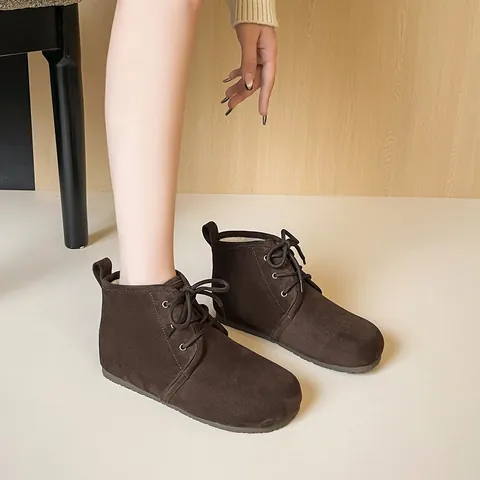 Women Casual Faux Suede Lace-up Ankle Boots With Warm Plush Lining Round Toe Flat Winter Boots For Daily Walking Outdoor