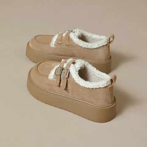 Women's Platform Birkenstock Style Furry Mules Winter Fleece Lined Suede Slip On Loafers Warm Snow Shoes With Double Metal Buckles
