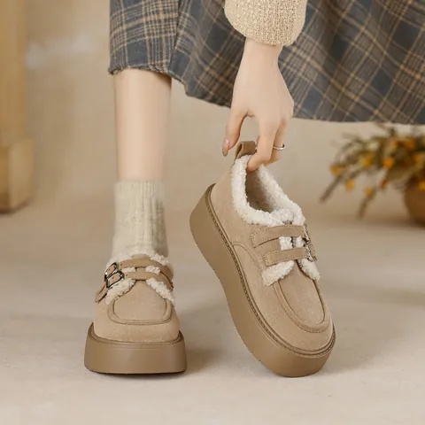 Women's Platform Birkenstock Style Furry Mules Winter Fleece Lined Suede Slip On Loafers Warm Snow Shoes With Double Metal Buckles