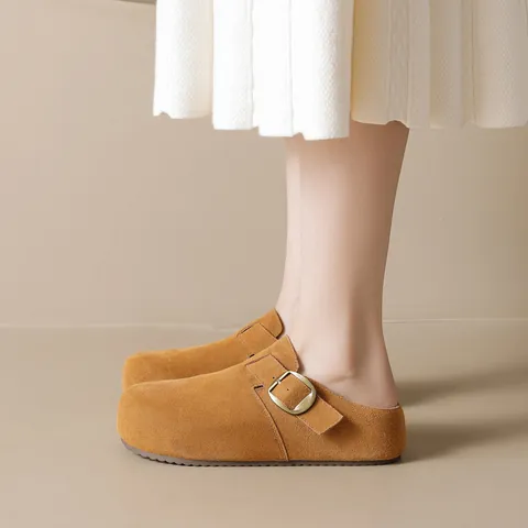 Women Retro Cowhide Suede Boston Clogs Mules With Adjustable Metal Buckle And 4cm Height Increase Thick Sole Casual Slippers
