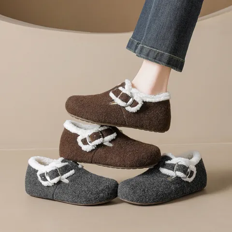 Women Woolen Birkenstock Style Shoes Winter Warm Faux Lamb Wool Lining Buckle Casual Internal Heightening Cotton Shoes Footwear