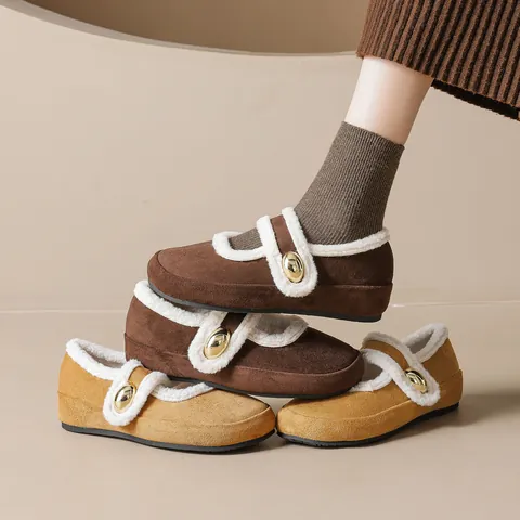 Women Retro Mary Jane Shoes Plush Lined Faux Shearling Flat Shoes With Gold Buckle Hidden Wedge Winter Warm Casual Loafers