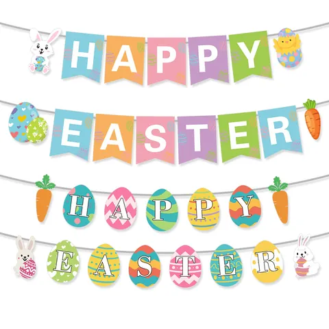 Easter Paper Banner Rabbit Colorful Egg Carrot Happy Easter Lettering Bunting For Party Home Decoration Cartoon Supplies