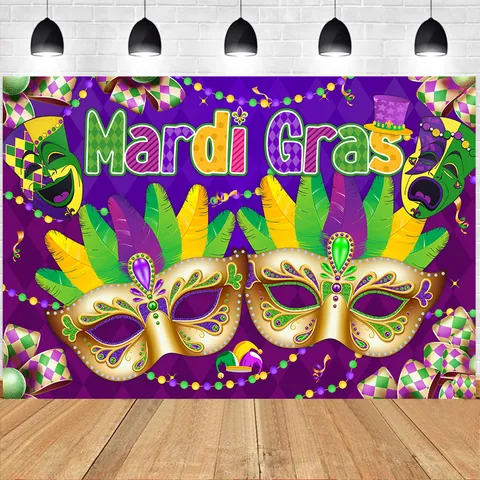 Sfondo per Festa di Carnevale Mardi Gras Decorazione Carnevale Brasile Maschera Piuma Viola Oro Banner in Poliestere