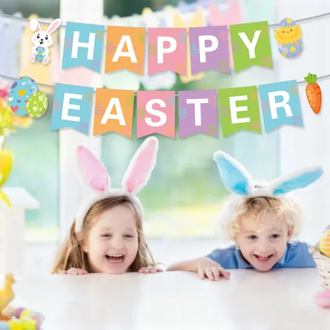 Easter Paper Banner Rabbit Colorful Egg Carrot Happy Easter Lettering Bunting For Party Home Decoration Cartoon Supplies