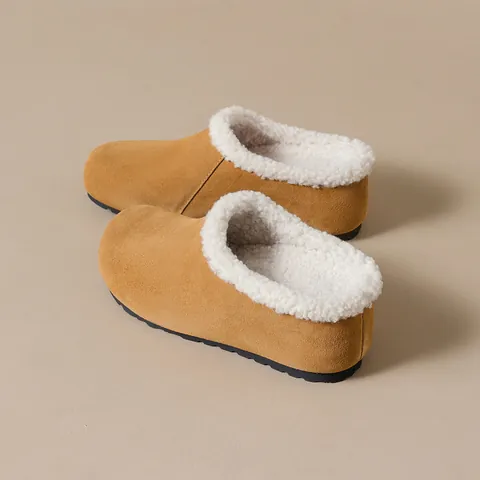 Women's Cowhide Suede Faux Fur Lined Platform Mules Height Increasing Closed Toe Winter Warm Slippers Casual Non-Slip Shoes