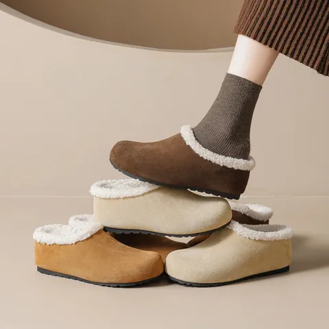 Women's Cowhide Suede Faux Fur Lined Platform Mules Height Increasing Closed Toe Winter Warm Slippers Casual Non-Slip Shoes