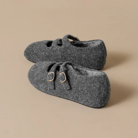 Women Vintage Woolen Mary Jane Shoes Double Buckle Straps Round Toe Flat Fleece Lined Warm Winter Casual Walking Shoes
