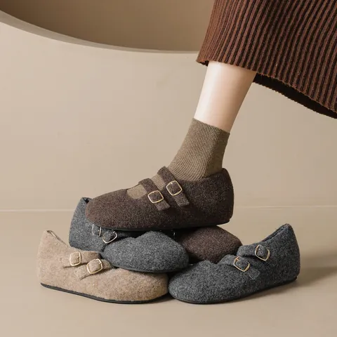 Women Vintage Woolen Mary Jane Shoes Double Buckle Straps Round Toe Flat Fleece Lined Warm Winter Casual Walking Shoes