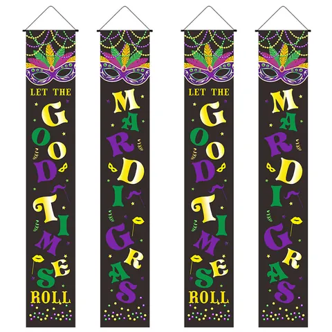 Striscioni da Porta Mardi Gras in Poliestere Decorazioni per Veranda di Carnevale Let The Good Times Roll Maschera Piuma Motivi Festivi