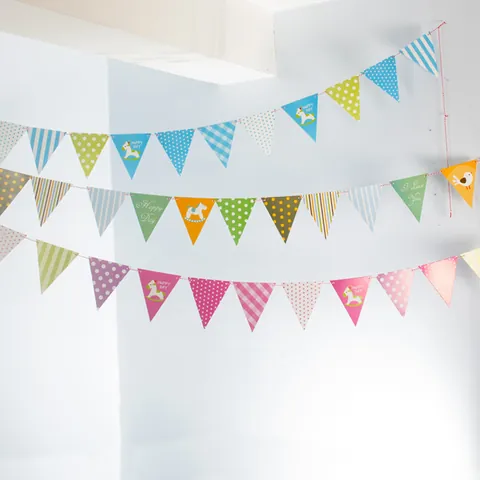 Baby Birthday Party Banner Cartoon Rocking Horse Polka Dot Stripe Heart Triangular Paper Bunting For Nursery Wall Decoration