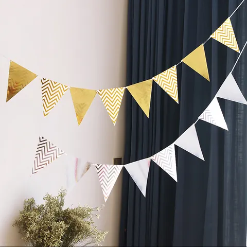 Metallic Wave Pattern Paper Bunting Banner Triangle Pennant Garland For Birthday Wedding Party Home Decoration