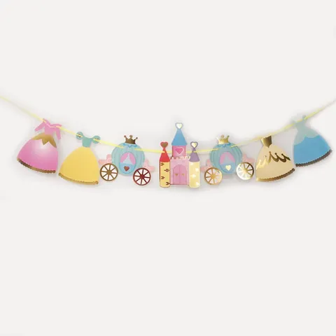 Prinzessin Schloss Party Girlande Wimpelkette Für Mädchen Geburtstag Dekoration Papierflagge Goldprägung Glitzer Kürbiskutsche Thema Banner