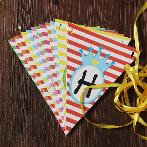 Colorful Crown Happy Birthday Bunting Banner Striped Polka Dot Paper Triangle Flags Party Decoration Hanging Supplies Kids Birthday Party Decor