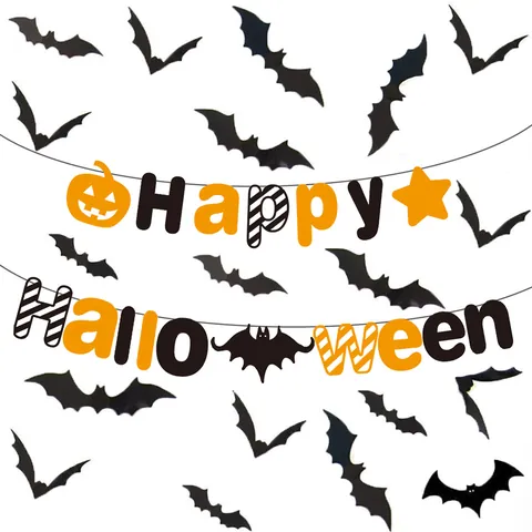 Happy Halloween Banner And Bat Wall Stickers Set Orange Black Paper PVC Party Decorations Holiday Home Decor