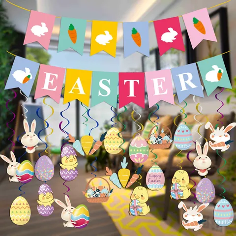 Happy Easter Party Decoration Set Cartoon Rabbit Egg Carrot Banner Colorful Hanging Spiral Swirls Festive Home Party Supplies