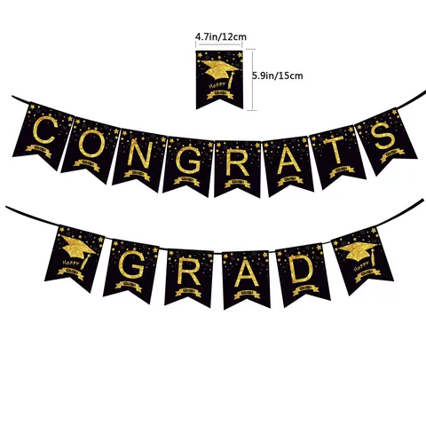 Graduation Party Decorations Glitter Congrats Grad Banner Graduation Cap Star Garland Paper Cake Toppers School Party Supplies