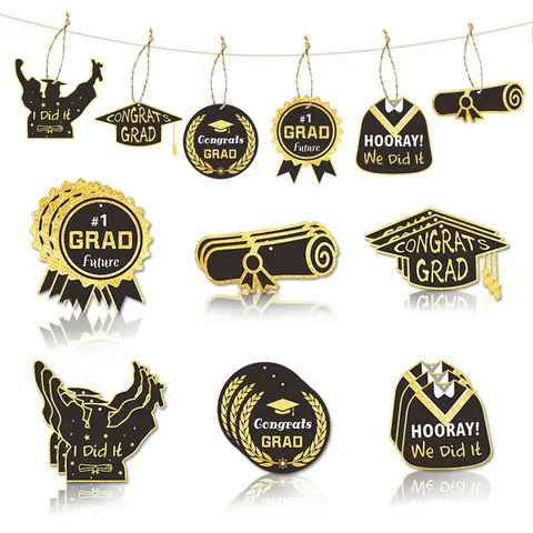 Glitter Graduation Hanging Ornaments Congrats Grad Mortarboard Diploma Silhouette Paper Tags With Hemp Rope For School Party Decor