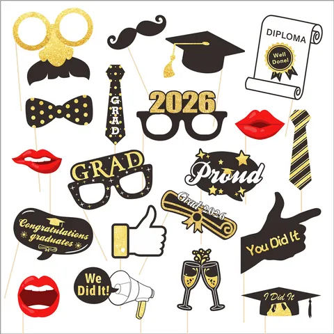 Graduation Photo Booth Props Cardstock Hats Glasses Diploma Mustaches Lips School Ceremony Party Decorations Cardboard Photography Accessories Grad Props Set