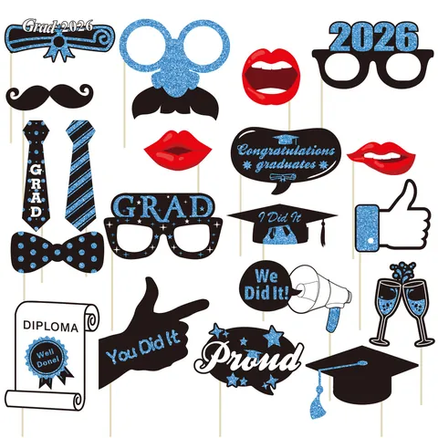 Graduation 2026 Photo Booth Props Kit Glitter Blue Black Paper Graduation Party Decorations School Celebration Photo Props