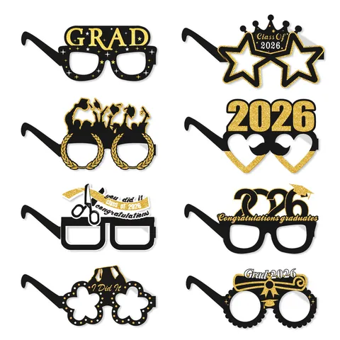 Class Of 2026 Graduation Party Paper Glasses Glitter Gold Blue Photo Booth Props Celebration Prom Decoration Party Wear